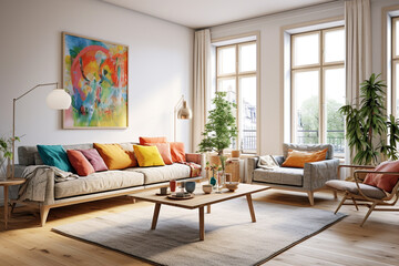 An HD image of a sleek and vibrant Scandinavian living room, adorned with bright-colored furnishings, natural textures, and a warm ambiance.