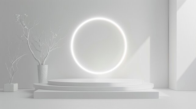 White design 3D podium, technology room stage, future platform with circle glow, abstract setting