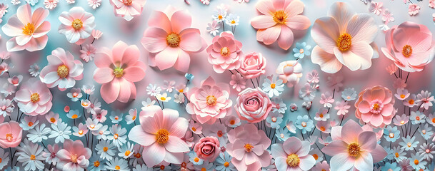 Beautiful spring flowers on paper background, perfect for seasonal greeting cards, invitations, and nature-themed designs. - obrazy, fototapety, plakaty