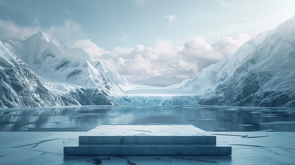 Winter ice podium, glacier water scene, snowy mountains, frozen sea backdrop, refreshing ad display