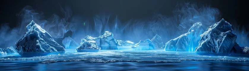 Poster Winter landscape podium, frozen nature display, iceberg scene, cool blue light, ice water platform © PARALOGIA