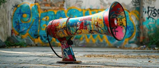 A vintage megaphone covered in graffiti art