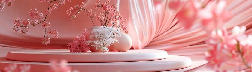 3D beauty stage, pink spring flowers, white blossom podium, summer floral abstract, natureinspired