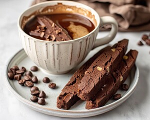 Chocolate biscotti arranged next to a cup of coffee