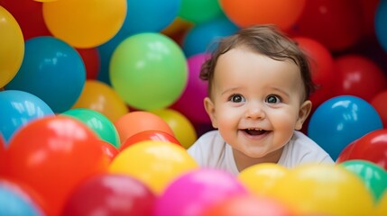 A smiling baby is surrounded by a rainbow of balloons