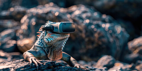 Fototapeta na wymiar A detailed iguana wearing a virtual reality headset perched on rocky terrain, great for edgy tech visuals or to showcase virtual nature exploration tools.