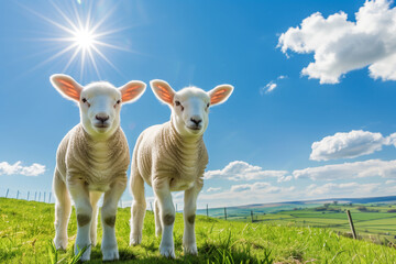 Obraz premium Spring Lambs in countryside in the sunshine, brecon beacons national park