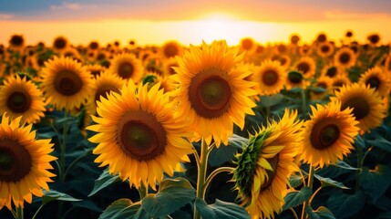 Obraz premium Sunflower field with blooms turned towards sunlight