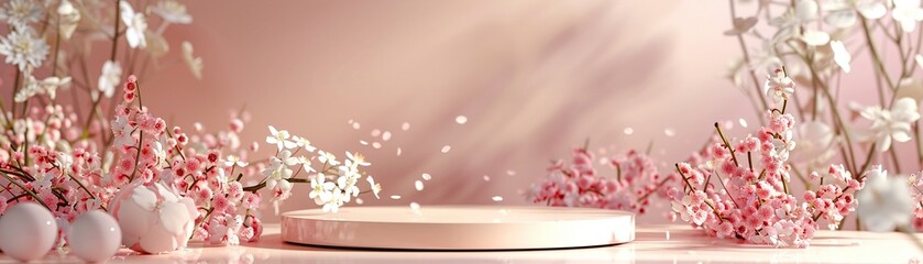 3D podium with pink spring flowers, white blossom beauty product stage, natureinspired display