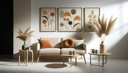 A modern interior scene with a mid-century modern style sofa in a neutral color. Next to the sofa, there's a small wooden side table with a vase