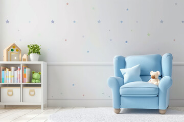 Small light blue armchair for kid standing in white room interior with stars on the wall, white rug and cupboard with books, teddy bear and fresh plant. Empty space for your crib