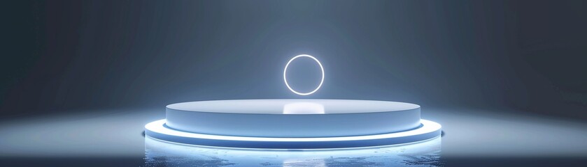 Abstract tech podium, 3D future platform, glowing ring portal, white studio scene, sleek design