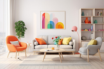 An HD-captured image of a beautifully designed Scandinavian living room with bright-colored accents, minimalist furniture, and a cozy atmosphere.
