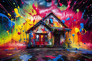 An HD-captured image of a beautiful top full-frame view of a house, featuring vivid and clear paint splashes in various colors on a stunning and visually appealing abstract background. - obrazy, fototapety, plakaty