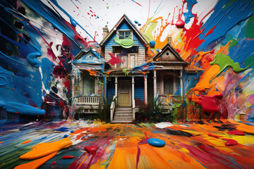 An HD-captured image of a beautiful top full-frame view of a house, featuring vivid and clear paint splashes in various colors on a stunning and visually appealing abstract background. - Powered by Adobe