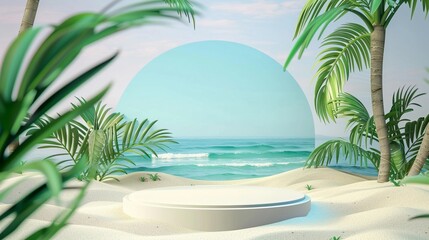 Beachthemed podium, 3D summer sale stand, sand and water backdrop, vacation promotion island
