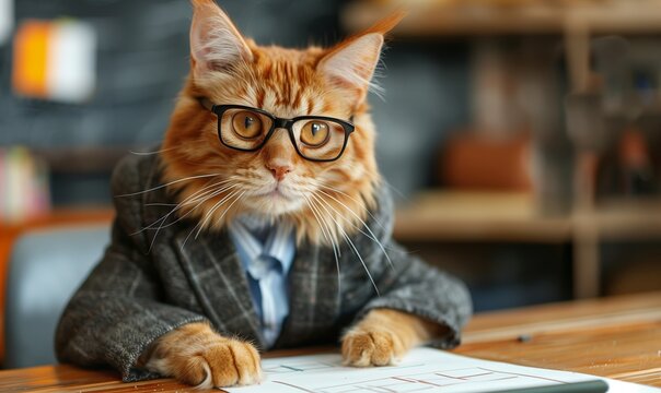 orange tabby cat dressed in business suit and glasses sits at desk poised for productivity