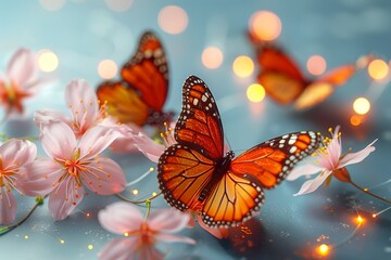 Butterfly on cherry blossoms with bokeh lights on a blue background. Springtime nature and wildlife concept.