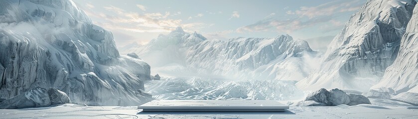 Cold glacier podium, ice water background, snowy mountain scene, arctic sea platform, 3D ad - obrazy, fototapety, plakaty