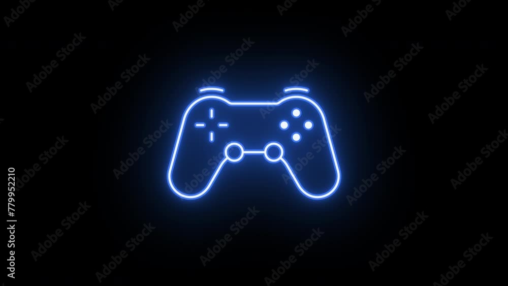 Poster neon joystick sign animation, slow blink. glowing neon gamepad icon, looped slow flashing animation.