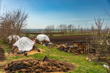 peasant farmstead and vegetable garden on a Kuban farm (South of Russia) on a sunny day in early spring