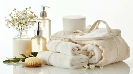 Flat lay of spa essentials and toiletry bag, beckoning you to unwind in a sanctuary of tranquility and beauty