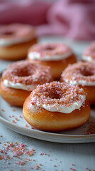 Obraz na płótnie Canvas Frosted donuts with pink sprinkles on a ceramic plate, selective focus on the textured toppings. A culinary delight concept for desserts and sweet tooth temptations