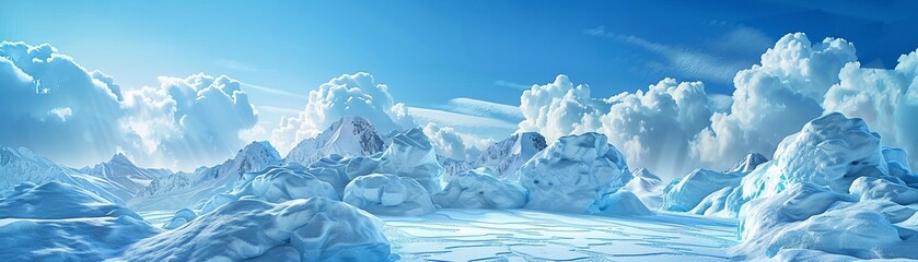 Cool glacier ice podium, frozen sea and snow, winter mountain platform, abstract blue sky ad