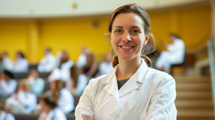A woman in a white lab coat is smiling at the camera. She is wearing glasses and is sitting in a classroom. woman doctor smiling standing front row in medical training class or seminar room background - Powered by Adobe