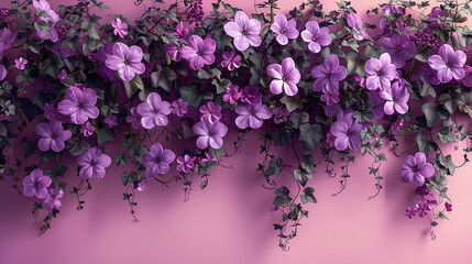 Wall-mounted purple petunias arrangement on a pink gradient background with copy space for design and print. - obrazy, fototapety, plakaty
