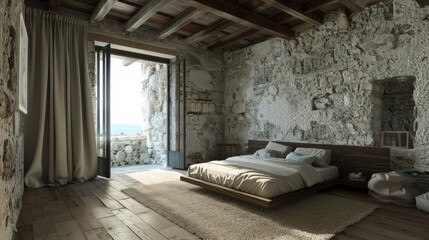 A bedroom with a stone wall and wooden floors