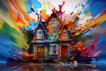An HD-captured image of a captivating top full-frame view of a house, showcasing vivid and clear paint splashes in various colors on a stunning and visually striking abstract background. - Powered by Adobe
