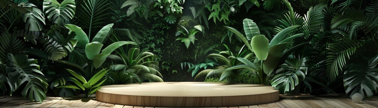 Cosmetic beauty podium, green forest scene, white plant accents, tropical wood jungle studio