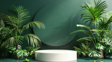 Fototapeta na wymiar Forest green and white plant podium, tropical wood jungle setting, cosmetic product display