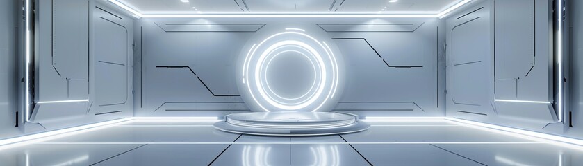 Obraz premium Futuristic game platform, 3D podium background, tech room with glowing circle, white modern space