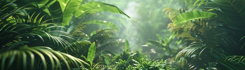 Green jungle scene, eco product platform, soft diffuse lighting, low camera angle, tranquil beauty