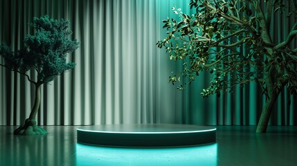 Green luxury podium, minimal plant design, 3D abstract stage, modern tree lighting, cosmetic presentation