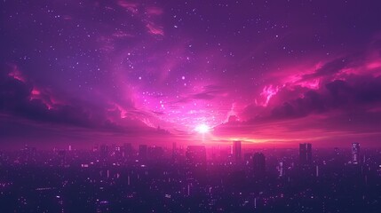 A purple sky with clouds and a city in the background, AI