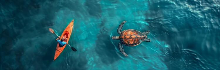 man in orange kayak rowing near the big sea turtle