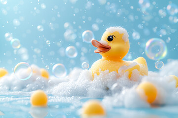 Yellow rubber duck in a soap foam on the light blue background with flying soap bubbles. Copy space.