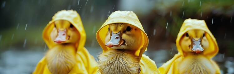 funny little ducklings in yellow raincoats walking the road in the rain - obrazy, fototapety, plakaty