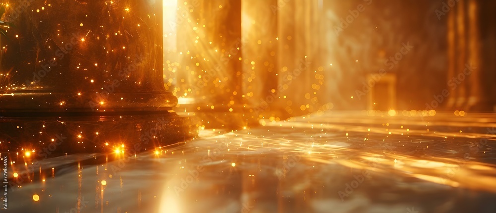 Poster abstract golden bokeh light effect in an empty room with copy space. concept golden bokeh, abstract,