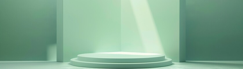 Light pastel green studio background, minimalist 3D podium, soft light ambiance, direct front shot