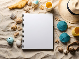 Fototapeta na wymiar A blank writing book with summer beach Accessories in the background offers copy space. The flat-lay photograph has plenty of space for copying or writing