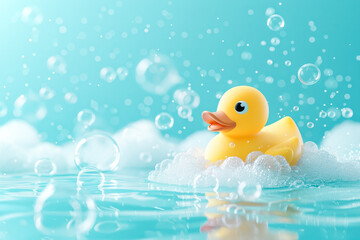 Yellow rubber duck in a soap foam on the light turquoise background with flying soap bubbles. Copy space