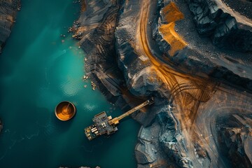 A birds-eye view of a mining site parallel to a body of water, winding through the landscape