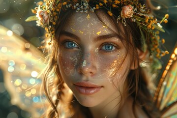 Fairy with wings in the forest with a flower crown. magical fairy tale background. magical goddess of the earth.