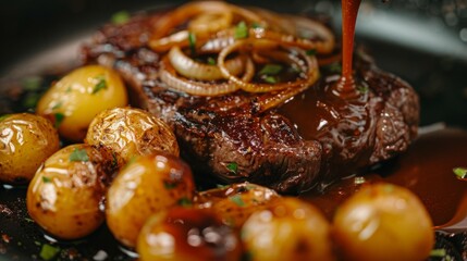 Danish cuisine: Huckabuff steak with caramelized onions and drizzled with brown sauce. 