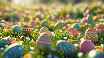 A variety of vibrant Easter eggs are displayed on the grass, creating a colorful and festive event....