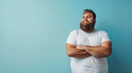 Health awareness: Closeup of overweight man in tight shirt, highlighting the importance of self-care and embracing body positivity